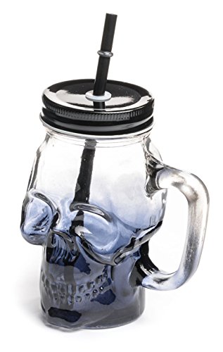 Mason Jar Glass Skull Design 16oz with Handle & Straw