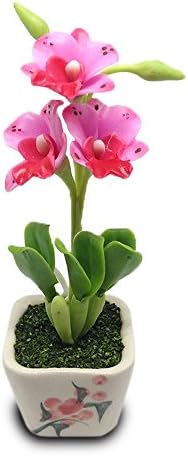 Miniature Tree Red Pink Orchid Flower - Dollhouse Accessories Furniture Decoration, Real look Tiny Ornamental, Novelty Exotic Collectible Figurine Mini Toy with Floral Painted Pottery Idea Cute Gift.