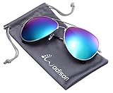 WODISON Vintage Reflective Mirror Lens Metal Frame Aviator Sunglasses Silver Frame Green Mix Blue Lens