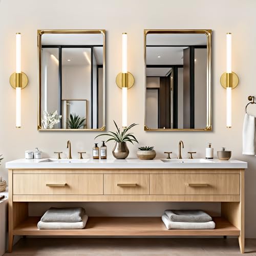 Dimmable LED Oro Baño Vanidad Luces 360 ° Iluminación Completa Baño Lámparas Sobre Espejo 22 pulgadas Moderno Vanidad Barra de Luz Luz Cálida | Luz de baño brillante de 360°, luz de cambiador regulable, aplique de pared con cable 3000 K, blanco cálido para espejo