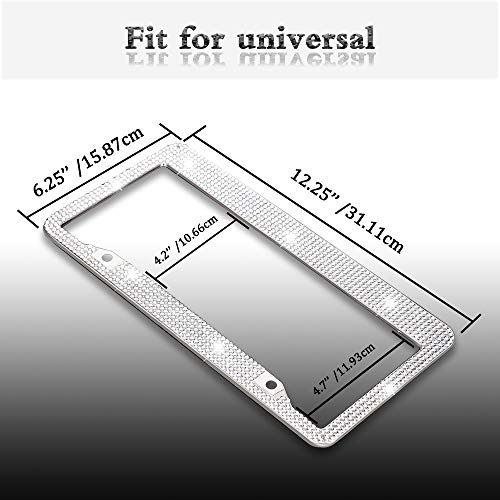 LEDKINGDOMUS Diamond License Plate Frame, 2PCS Rhinestone Stainless Steel Bling License Plate Cover with Anti-Theft Screw Caps(White) - Thumbnail 4