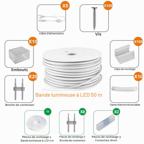 KSIBNW LED Neon Strip 50 m Cool White, 220 V Flexible IP65, 120 LEDs/M, Flexible Rope for Indoor Outdoor Decoration (AC Adapter Included)