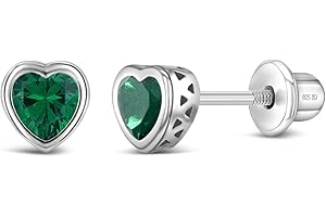 In Season Jewelry CZ Birthstone Heart Kids Earrings - 925 Sterling Silver Hypoallergenic Earrings for Girls with Secure Screw Backs - Safe & Comfortable for Toddlers, Kids & Little Girls