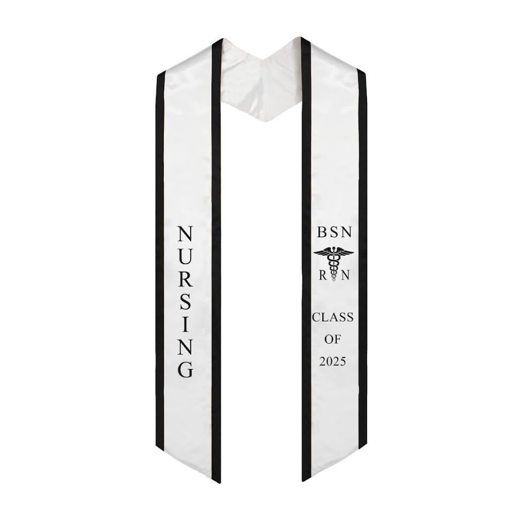 Photo 1 of Ovaltag BSN RN Nursing Graduation Stole Class of 2025 With Medical Logo, Gift for Nurse Student (White/Black trim, CLASS OF 2025)