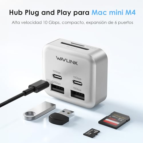 Mac mini M4 Hub | WAVLINK 6 puertos: 2 USB-C 10G, 2 USB-A 10G, lector tarjetas SD/TF 3.0 | Transferencia rápida y conexión múltiple para Mac mini M4 y M4 Pro