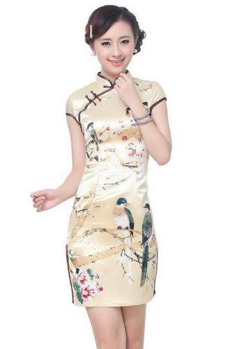 JTC Women's Chinese Beige Silk Short Dress Cheongsam 1pcs
