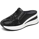 UZUJBAA ADJJKHYL Women's Mesh Rhinestones Platform Wedge Orthopedic Clogs Casual Round Closed Toe Arch Support Comfortable Slip On Walking Mules for Commuting Daily