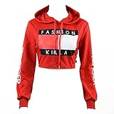 U-WARDROBE Casual Hoodie Literal Printing Sport Crop Top Sweatshirt Jumper Pullover Tops Red M