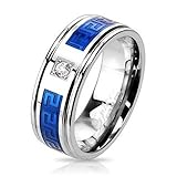 STR-0013 Stainless Steel Duo Tone Blue IP Round CZ Centered Maze Inlay Band Ring; Comes With Free Gift Box (13)