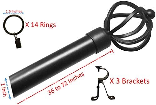 TEJATAN - 1-Inch (Rod Diameter), Decorative Curtain Rod (Adjustable Length) with finials, Brackets and Curtain Rings (36 to 72 inches)