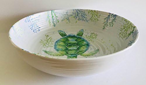 Turquoise Water Color Like Blues And Greens | Sea Turtle And Seascapes Decorate Large Round Melamine Serving Bowl | Vegetables | Pasta | Salad | 12 x 3.25 inches