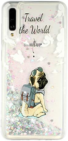 YKTO Pop Gorgeous Phone Case for Samsung Galaxy A50 Silver Liquid Glitter Sparkle Protective Shell Fun to Watch the Movement Cute Puppy Print Silicone Transparent Cover Travel The World