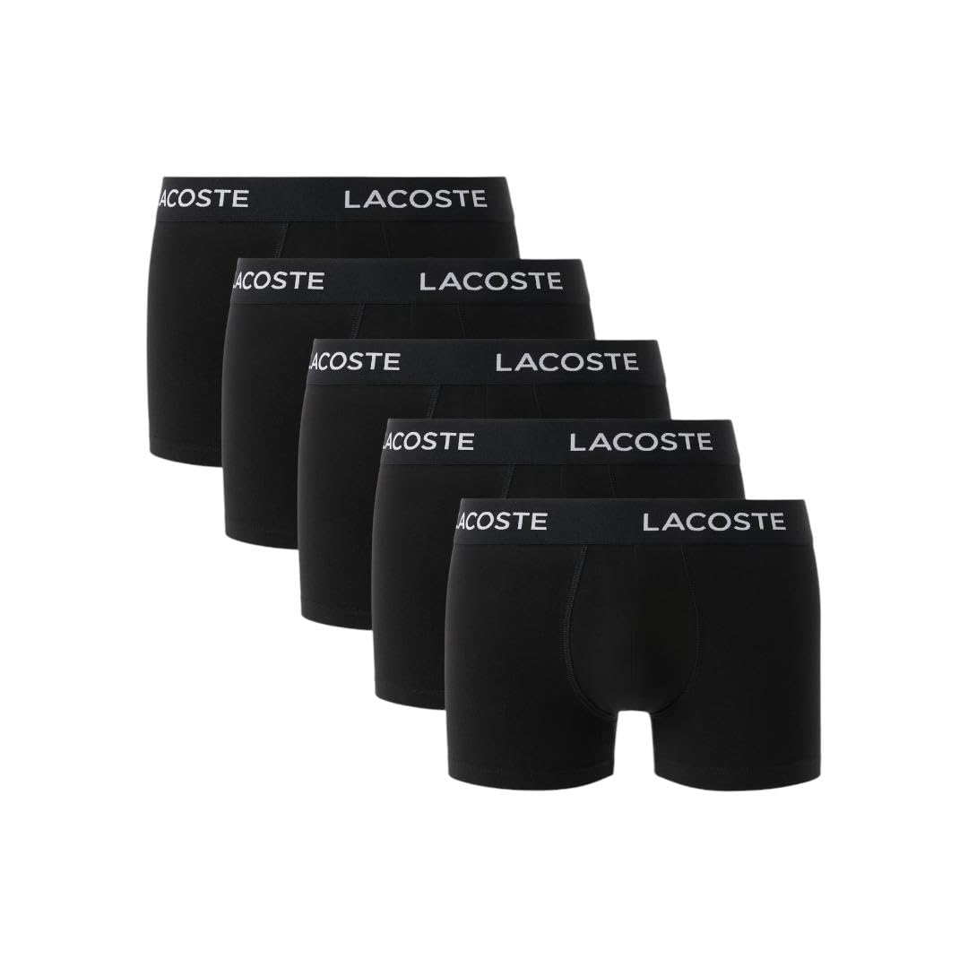 Photo 1 of Lacoste Men's Cotton Stretch Essentials Trunks, 5-Pack, Black with Black Waistbands, Small