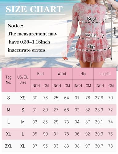 SEAUR Women Long Sleeve One Piece Skirted Swimsuit Zip Up Rash Guard Printed Modest Bathing Suits Ladies Padded Quick Drying Swimming Dress with Built in Shorts