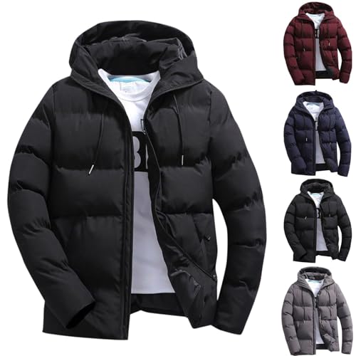 Mens Black Puffer Jacket Quilted Padded Jacket Winter Coat 7 Zip Pockets Thermal Jackets Solid Color Zipper Loose Cotton Coats Waterproof Outwear With Hood 4Xl