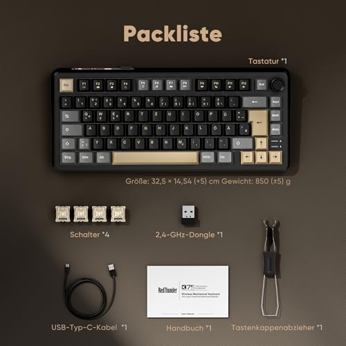 RedThunder K75 Wireless Mechanical Gaming Keyboard with German QWERTZ Layout 81 Keys, 3-Mode BT/2.4GHz/USB-C, RGB, 5-Layer Damping Structure, Hot-Swap, 4000mAh Battery, for Windows, Mac, Xbox