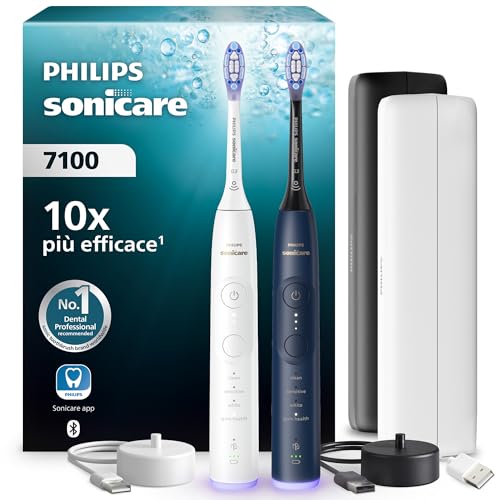 Philips Sonicare 7100, spazzolino elettrico sonico con app, 4 modalità di spazzolamento e 3 livelli di intensità, SmarTimer, bianco e blu navy, confezione da 2, HX7429/01 [Nuova tecnologia]
