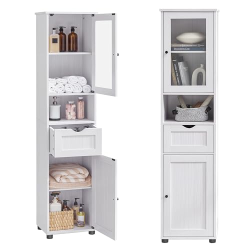 VASAGLE Armário Alto para Banheiro, Armário Estreito, com Prateleira Aberta, Porta de Vidro, Pés Resistentes à Água, Prateleiras com Altura Ajustável, que Economiza Espaço,Branco Ácer BRBBK163T44