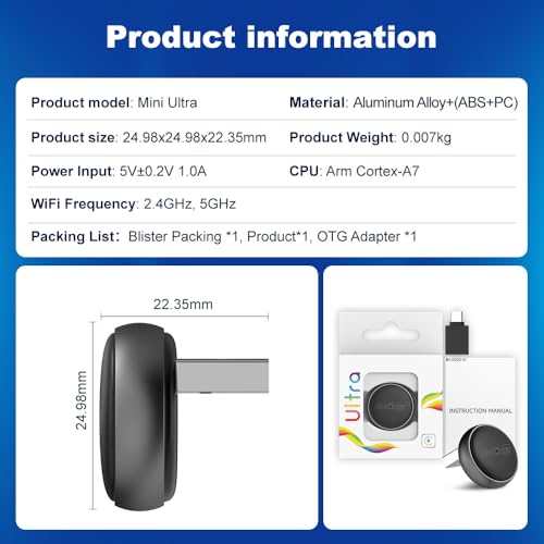 Carlinkit Adaptador automático inalámbrico CarPlay y Android - Mini Ultra 3 Convert OEM con Cable a Llave inalámbrica para iPhone y Android 11+, USB-A/Tipo-C Plug & Play, conexión rápida