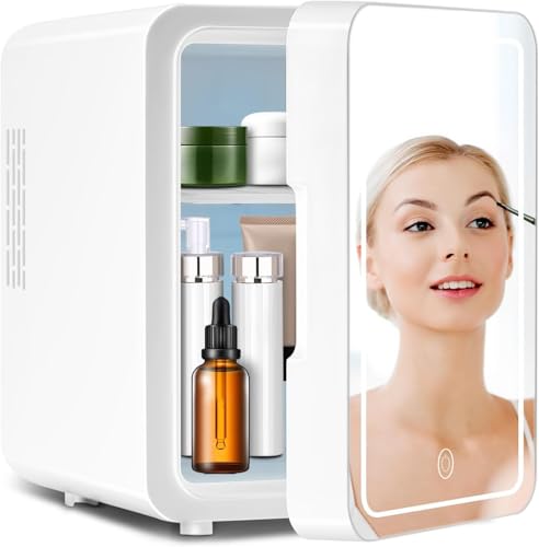 NIUB Mini Fridge 12L for Bedroom, Skincare Fridge, Mirrored Door with Dimmable LED Light, Thermoelectric Cooler and Warmer Compact Refrigerators for Makeup, Food, Office and Car (12L)
