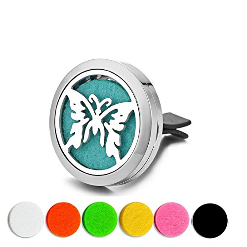 Car Air Freshener Aromatherapy Essential Oil Diffuser Vent Clip Fragrance Air Purifier Stainless Steel Magnetic Locket 6 Colorful Felt Refill Pads,Best Gifts for Drivers. (Butterfly)