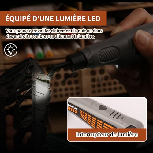Bucasso Cordless Sander Pen, Variable Speed & USB Charging with LED Light, Multi-purpose Power Tool for Sanding, Polishing, Finishing and DIY (GRIS)
