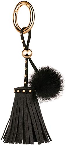 JOUDOO Leather Tassels Keychain with Mink Fur Ball and Rivet Keyring for Bags Purse Keys GJ019