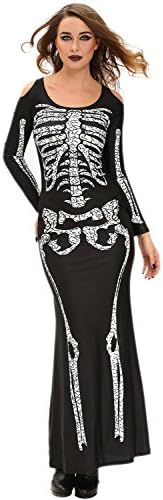 Women's Long Skeleton Dress Adult Halloween Costume With Long Sleeves Fancy Party Costume (M, Black)