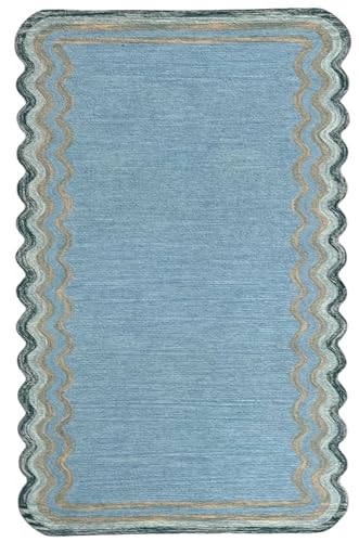 Scalloped Area Rug Hand Tufted Wool Wavy Bordered (Blue Green Mix, 5x8 Ft)