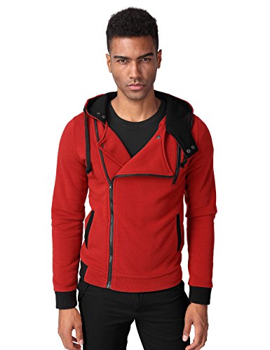 HEMOON Zipper Closure Coat Hoodie, Men's Casual Zip-Up Oblique Pocket Hoodies Jacket Coat Red M