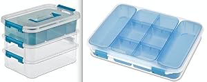 Image of Sterilite Stack and Carry Tray Organizer 10-5/8-Inch, Sterilite Divided Case Clear with Blue Aquarium Handle and Latches