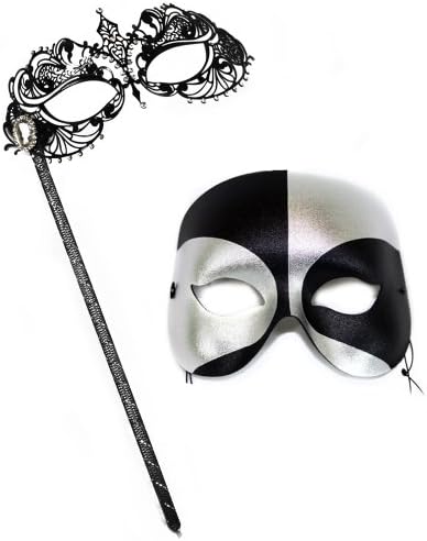 Corrine Stick Mask-Black-Silver Masquerade Mask for a Couple