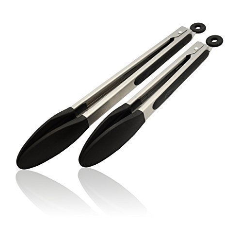 CookEasy Locking Silicone Kitchen Utensils Tongs 2 Pack Combo Set (9-inch & 12-inch) - Heat Resistant - Black
