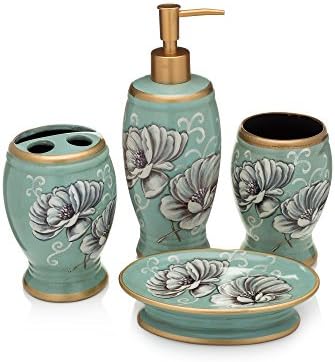 Bath Accessories 4 Piece Ceramic Set - Soap Dispenser and Soap Dish, Toothbrush Holder and Tumbler - Elegant + Durable Styles To Spruce Up Your Bathroom, Teal