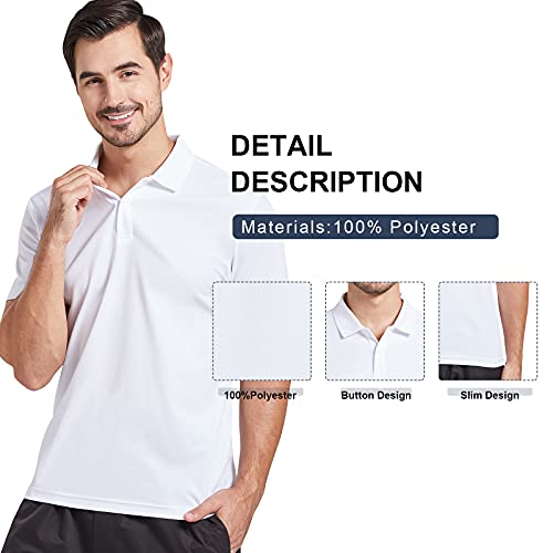 CASEI MEN’S POLO SHIRTS SHORT SLEEVE T SHIRTS QUICK DRY PERFORMANCE TACTICAL SHIRTS MOISTURE WICKING GOLF SHIRT（WHITE,XL）