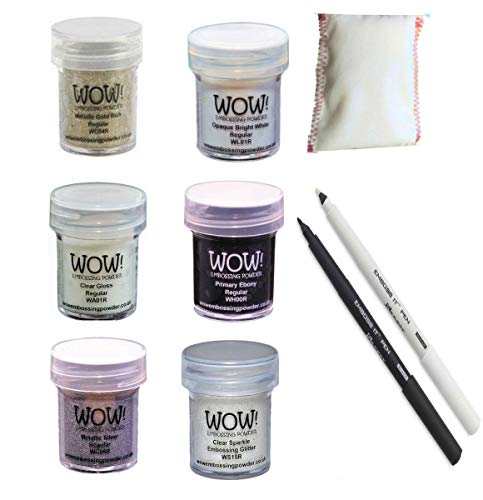 Embossing Starter Kit Bundle - 6 Embossing Powders, 1 Bye Bye Static Pad and Two Ranger Embossing Pens (Black/White pens)