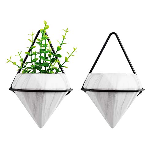 T4U Diamond Wall Planter Geometric Wall Vases Marble White, Pack of 2 Ceramic Mounted Succulent Air Aloe Pots Cactus Faux Plants Containers White Fashionable Indoor Decor for Home and Office