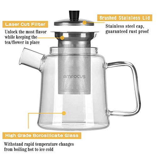 Glass Teapot with Infuser, Blooming and Loose Leaf Tea Pot Tea Maker Stainless Steel Infuser - Stovetop Safe