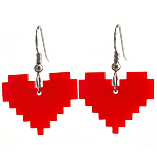 It's Just So YouRed Retro 8 Bit Gamer Pixel Heart Earrings, Handmade Hypoallergenic Nickel Free Heart Container Costume Cosplay Jewelry