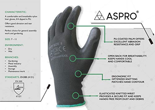 ASPRO Arbeitshandschuhe 20 Paar GröÃe 9 (L)- Gartenhandschuhe-Schwarze Nylon-Handschuhe mit PU-Beschichtung für Bauarbeiter, Gärtner, Mechaniker, Bauarbeiter, Lagerarbeiter etc. – Bild 3