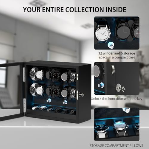 DUKWIN Watch Winder for 4/6/8/12 Automatic Watches, Lockable Automatic Winders with Extra 4/6 Watch Storages, 4 Rotation Modes, Quiet Mabuchi Motor, Sfot Watch Pillows and Blue Backlight
