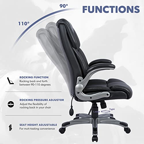 COLAMY High Back Executive Office Chair- Ergonomic Home Computer Desk Leather Chair with Padded Flip-up Arms, Adjustable Tilt Lock, Swivel Rolling Chair for Adult Working Study-Black - Image 6