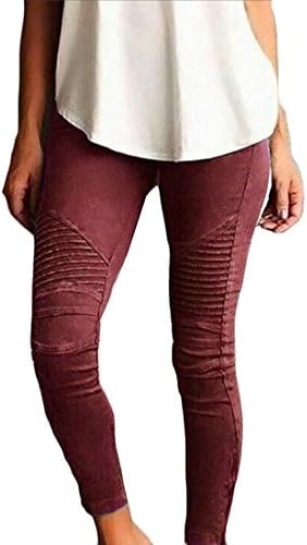 LAMISSCHI Womens Skinny Stretch Pleated Ankle Zipper Pencil Moto Pants Jeggings(Burgundy,XL)