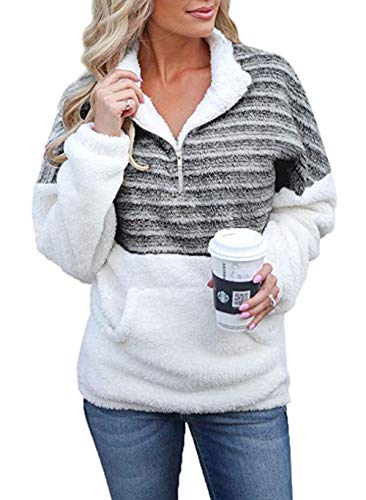 BTFBM Women Long Sleeve Zipper Sherpa Sweatshirt Soft Fleece Pullover Outwear Coat (Stripe Black, Small)