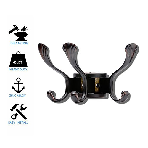 Coat Hooks, TINGOX Wall Mounted Heavy Duty Metal Rotary Towel Robe Rack/Hanger, 45 lbs Weight Capacity with 6 Swing Utility Hooks, Best Decorative for Entryway Cubicle Bathroom, ORB (Similar to Black) - Thumbnail 2
