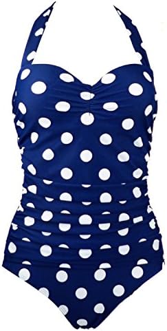 Selene Allure Women's Retro Vintage Navy Blue White Polka One Piece Swimwear Swimsuit