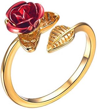 Red Rose Garden Flower Leaves Resizable Finger Rings Women Resizable Open Ring Finger Rings