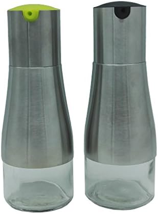 XINOWE set of 2 SS and glass Oil Bottle,Large oil inlet Olive Oil Dispenser,10.6oz(300ml) Vinegar and Soy Sauce Cruet,oil and vinegar bottles (Black and Green)