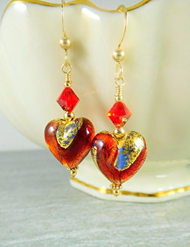 Red Gold-Foil Heart Dangle Earrings Murano Glass Crystal Gold-Filled Jewelry