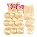 YISEA 613 Honey Blonde Bundles with Closure 12A Body Wave Human Hair Blonde Bundles with Lace Closure 100% Virgin Hair 4×4 Lace Closure and Bundles (14 16 18+12, 613#)